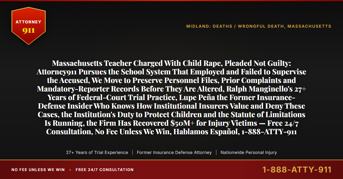 Massachusetts Teacher Charged With Child Rape, Pleaded Not Guilty: Attorney911 Pursues the School System That Employed and Failed to Supervise the Accused, We Move to Preserve Personnel Files, Prior Complaints and Mandatory-Reporter Records Before They Are Altered, Ralph Manginello's 27+ Years of Federal-Court Trial Practice, Lupe Peña the Former Insurance-Defense Insider Who Knows How Institutional Insurers Value and Deny These Cases, the Institution's Duty to Protect Children and the Statute of Limitations Is Running, the Firm Has Recovered $50M+ for Injury Victims — Free 24/7 Consultation, No Fee Unless We Win, Hablamos Español, 1-888-ATTY-911 - Attorney911
