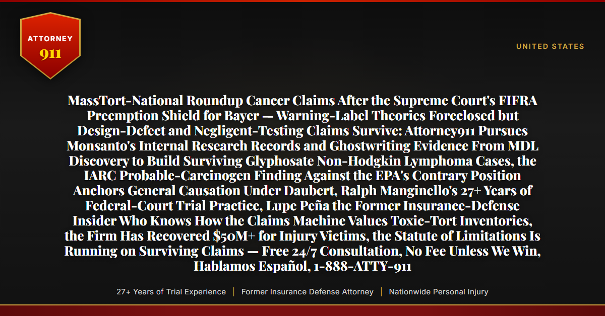 MassTort-National Roundup Cancer Claims After the Supreme Court's FIFRA Preemption Shield for Bayer — Warning-Label Theories Foreclosed but Design-Defect and Negligent-Testing Claims Survive: Attorney911 Pursues Monsanto's Internal Research Records and Ghostwriting Evidence From MDL Discovery to Build Surviving Glyphosate Non-Hodgkin Lymphoma Cases, the IARC Probable-Carcinogen Finding Against the EPA's Contrary Position Anchors General Causation Under Daubert, Ralph Manginello's 27+ Years of Federal-Court Trial Practice, Lupe Peña the Former Insurance-Defense Insider Who Knows How the Claims Machine Values Toxic-Tort Inventories, the Firm Has Recovered $50M+ for Injury Victims, the Statute of Limitations Is Running on Surviving Claims — Free 24/7 Consultation, No Fee Unless We Win, Hablamos Español, 1-888-ATTY-911 - Attorney911