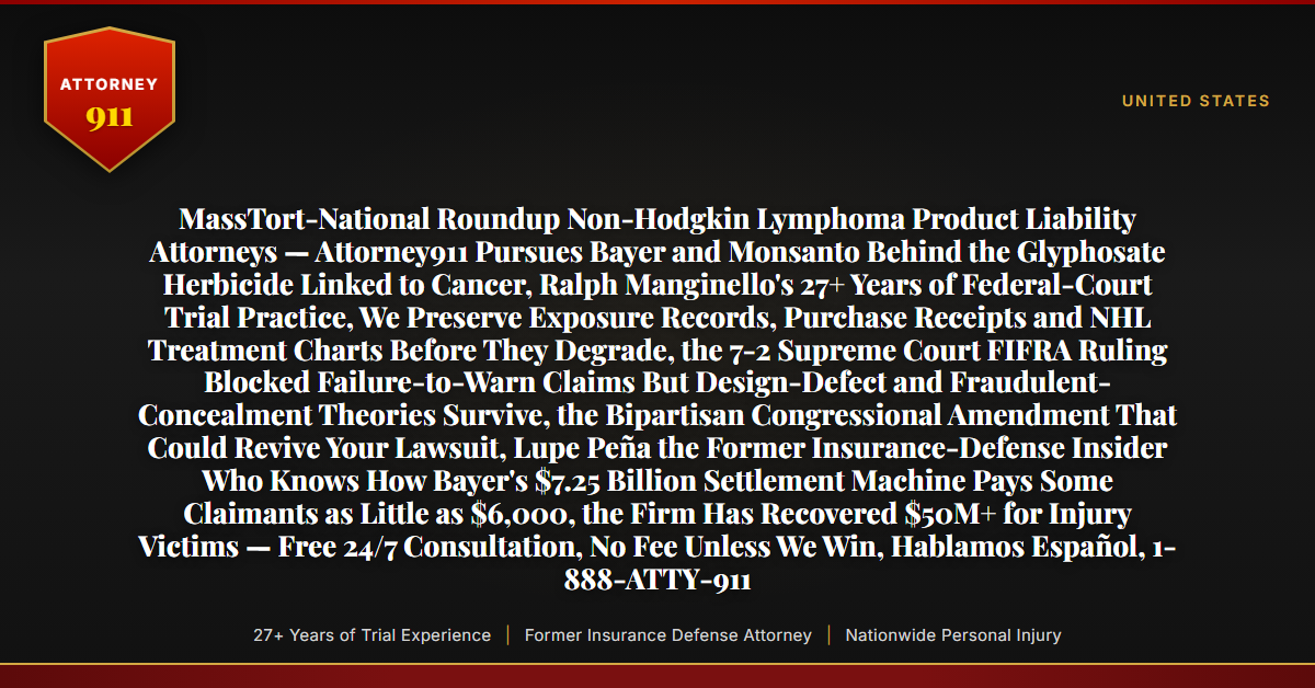MassTort-National Roundup Non-Hodgkin Lymphoma Product Liability Attorneys — Attorney911 Pursues Bayer and Monsanto Behind the Glyphosate Herbicide Linked to Cancer, Ralph Manginello's 27+ Years of Federal-Court Trial Practice, We Preserve Exposure Records, Purchase Receipts and NHL Treatment Charts Before They Degrade, the 7-2 Supreme Court FIFRA Ruling Blocked Failure-to-Warn Claims But Design-Defect and Fraudulent-Concealment Theories Survive, the Bipartisan Congressional Amendment That Could Revive Your Lawsuit, Lupe Peña the Former Insurance-Defense Insider Who Knows How Bayer's $7.25 Billion Settlement Machine Pays Some Claimants as Little as $6,000, the Firm Has Recovered $50M+ for Injury Victims — Free 24/7 Consultation, No Fee Unless We Win, Hablamos Español, 1-888-ATTY-911 - Attorney911