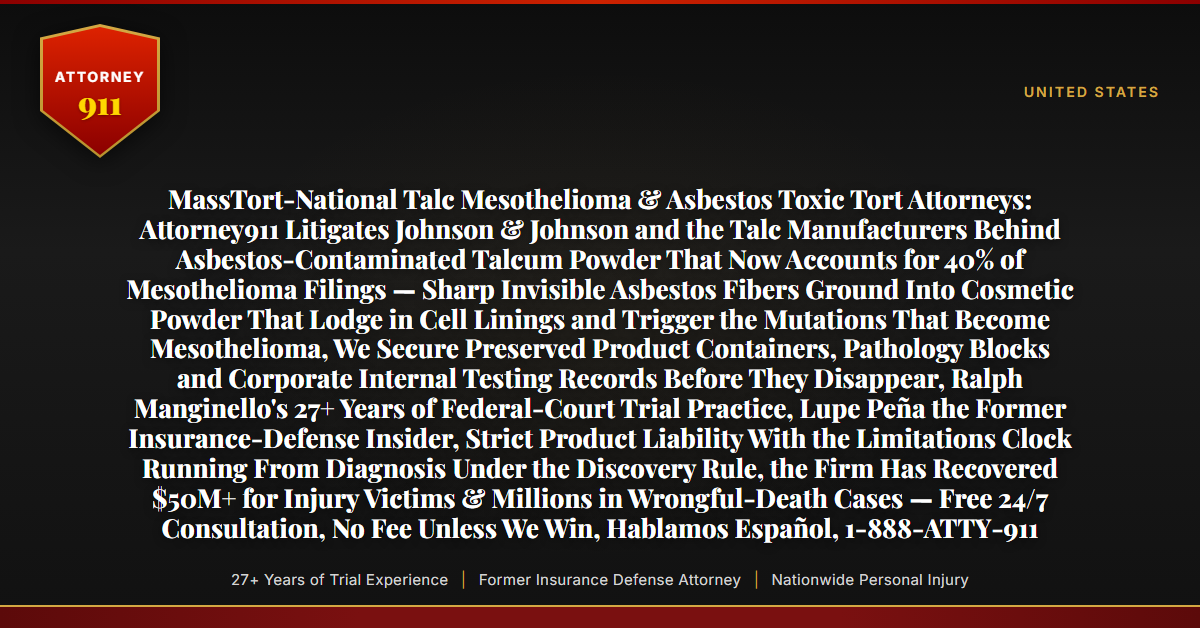 MassTort-National Talc Mesothelioma & Asbestos Toxic Tort Attorneys: Attorney911 Litigates Johnson & Johnson and the Talc Manufacturers Behind Asbestos-Contaminated Talcum Powder That Now Accounts for 40% of Mesothelioma Filings — Sharp Invisible Asbestos Fibers Ground Into Cosmetic Powder That Lodge in Cell Linings and Trigger the Mutations That Become Mesothelioma, We Secure Preserved Product Containers, Pathology Blocks and Corporate Internal Testing Records Before They Disappear, Ralph Manginello's 27+ Years of Federal-Court Trial Practice, Lupe Peña the Former Insurance-Defense Insider, Strict Product Liability With the Limitations Clock Running From Diagnosis Under the Discovery Rule, the Firm Has Recovered $50M+ for Injury Victims & Millions in Wrongful-Death Cases — Free 24/7 Consultation, No Fee Unless We Win, Hablamos Español, 1-888-ATTY-911 - Attorney911
