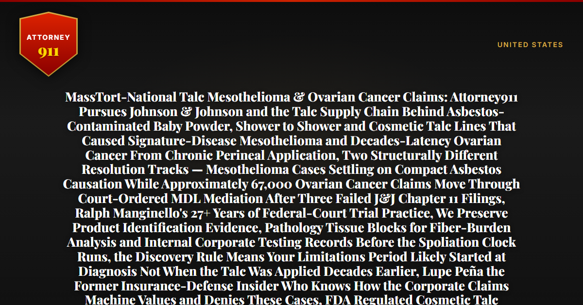 MassTort-National Talc Mesothelioma & Ovarian Cancer Claims: Attorney911 Pursues Johnson & Johnson and the Talc Supply Chain Behind Asbestos-Contaminated Baby Powder, Shower to Shower and Cosmetic Talc Lines That Caused Signature-Disease Mesothelioma and Decades-Latency Ovarian Cancer From Chronic Perineal Application, Two Structurally Different Resolution Tracks — Mesothelioma Cases Settling on Compact Asbestos Causation While Approximately 67,000 Ovarian Cancer Claims Move Through Court-Ordered MDL Mediation After Three Failed J&J Chapter 11 Filings, Ralph Manginello's 27+ Years of Federal-Court Trial Practice, We Preserve Product Identification Evidence, Pathology Tissue Blocks for Fiber-Burden Analysis and Internal Corporate Testing Records Before the Spoliation Clock Runs, the Discovery Rule Means Your Limitations Period Likely Started at Diagnosis Not When the Talc Was Applied Decades Earlier, Lupe Peña the Former Insurance-Defense Insider Who Knows How the Corporate Claims Machine Values and Denies These Cases, FDA Regulated Cosmetic Talc Without a Binding Asbestos-in-Cosmetics Standard, $50M+ Recovered for Injury Victims and Millions in Wrongful-Death Cases — Free 24/7 Consultation, No Fee Unless We Win, Hablamos Español, 1-888-ATTY-911 - Attorney911