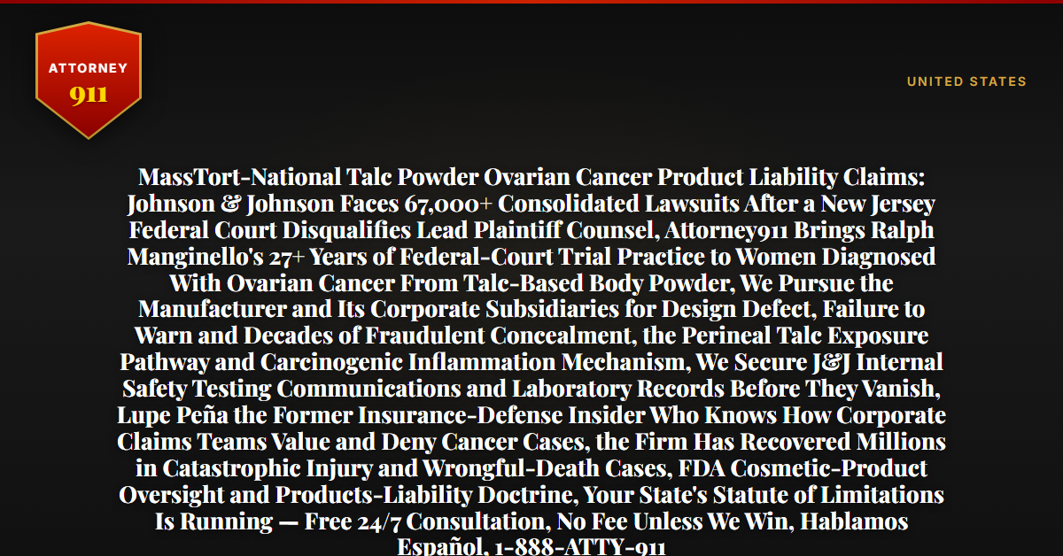 MassTort-National Talc Powder Ovarian Cancer Product Liability Claims: Johnson & Johnson Faces 67,000+ Consolidated Lawsuits After a New Jersey Federal Court Disqualifies Lead Plaintiff Counsel, Attorney911 Brings Ralph Manginello's 27+ Years of Federal-Court Trial Practice to Women Diagnosed With Ovarian Cancer From Talc-Based Body Powder, We Pursue the Manufacturer and Its Corporate Subsidiaries for Design Defect, Failure to Warn and Decades of Fraudulent Concealment, the Perineal Talc Exposure Pathway and Carcinogenic Inflammation Mechanism, We Secure J&J Internal Safety Testing Communications and Laboratory Records Before They Vanish, Lupe Peña the Former Insurance-Defense Insider Who Knows How Corporate Claims Teams Value and Deny Cancer Cases, the Firm Has Recovered Millions in Catastrophic Injury and Wrongful-Death Cases, FDA Cosmetic-Product Oversight and Products-Liability Doctrine, Your State's Statute of Limitations Is Running — Free 24/7 Consultation, No Fee Unless We Win, Hablamos Español, 1-888-ATTY-911 - Attorney911