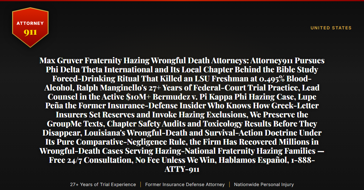 Max Gruver Fraternity Hazing Wrongful Death Attorneys: Attorney911 Pursues Phi Delta Theta International and Its Local Chapter Behind the Bible Study Forced-Drinking Ritual That Killed an LSU Freshman at 0.495% Blood-Alcohol, Ralph Manginello's 27+ Years of Federal-Court Trial Practice, Lead Counsel in the Active $10M+ Bermudez v. Pi Kappa Phi Hazing Case, Lupe Peña the Former Insurance-Defense Insider Who Knows How Greek-Letter Insurers Set Reserves and Invoke Hazing Exclusions, We Preserve the GroupMe Texts, Chapter Safety Audits and Toxicology Results Before They Disappear, Louisiana's Wrongful-Death and Survival-Action Doctrine Under Its Pure Comparative-Negligence Rule, the Firm Has Recovered Millions in Wrongful-Death Cases Serving Hazing-National Fraternity Hazing Families — Free 24/7 Consultation, No Fee Unless We Win, Hablamos Español, 1-888-ATTY-911 - Attorney911
