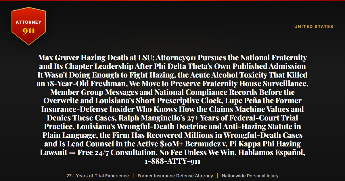 Max Gruver Hazing Death at LSU: Attorney911 Pursues the National Fraternity and Its Chapter Leadership After Phi Delta Theta's Own Published Admission It Wasn't Doing Enough to Fight Hazing, the Acute Alcohol Toxicity That Killed an 18-Year-Old Freshman, We Move to Preserve Fraternity House Surveillance, Member Group Messages and National Compliance Records Before the Overwrite and Louisiana's Short Prescriptive Clock, Lupe Peña the Former Insurance-Defense Insider Who Knows How the Claims Machine Values and Denies These Cases, Ralph Manginello's 27+ Years of Federal-Court Trial Practice, Louisiana's Wrongful-Death Doctrine and Anti-Hazing Statute in Plain Language, the Firm Has Recovered Millions in Wrongful-Death Cases and Is Lead Counsel in the Active $10M+ Bermudez v. Pi Kappa Phi Hazing Lawsuit — Free 24/7 Consultation, No Fee Unless We Win, Hablamos Español, 1-888-ATTY-911 - Attorney911