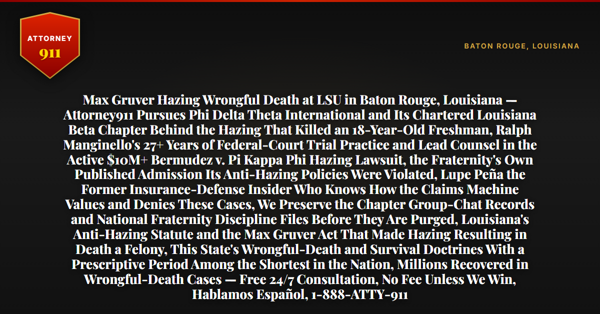 Max Gruver Hazing Wrongful Death at LSU in Baton Rouge, Louisiana — Attorney911 Pursues Phi Delta Theta International and Its Chartered Louisiana Beta Chapter Behind the Hazing That Killed an 18-Year-Old Freshman, Ralph Manginello's 27+ Years of Federal-Court Trial Practice and Lead Counsel in the Active $10M+ Bermudez v. Pi Kappa Phi Hazing Lawsuit, the Fraternity's Own Published Admission Its Anti-Hazing Policies Were Violated, Lupe Peña the Former Insurance-Defense Insider Who Knows How the Claims Machine Values and Denies These Cases, We Preserve the Chapter Group-Chat Records and National Fraternity Discipline Files Before They Are Purged, Louisiana's Anti-Hazing Statute and the Max Gruver Act That Made Hazing Resulting in Death a Felony, This State's Wrongful-Death and Survival Doctrines With a Prescriptive Period Among the Shortest in the Nation, Millions Recovered in Wrongful-Death Cases — Free 24/7 Consultation, No Fee Unless We Win, Hablamos Español, 1-888-ATTY-911 - Attorney911
