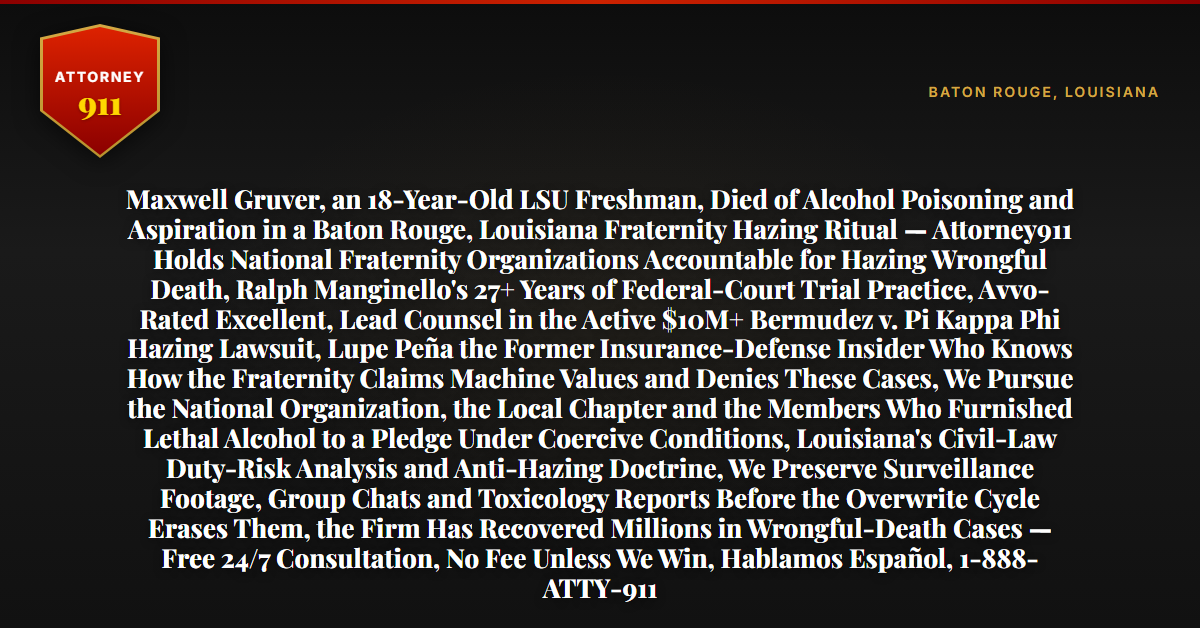 Maxwell Gruver, an 18-Year-Old LSU Freshman, Died of Alcohol Poisoning and Aspiration in a Baton Rouge, Louisiana Fraternity Hazing Ritual — Attorney911 Holds National Fraternity Organizations Accountable for Hazing Wrongful Death, Ralph Manginello's 27+ Years of Federal-Court Trial Practice, Avvo-Rated Excellent, Lead Counsel in the Active $10M+ Bermudez v. Pi Kappa Phi Hazing Lawsuit, Lupe Peña the Former Insurance-Defense Insider Who Knows How the Fraternity Claims Machine Values and Denies These Cases, We Pursue the National Organization, the Local Chapter and the Members Who Furnished Lethal Alcohol to a Pledge Under Coercive Conditions, Louisiana's Civil-Law Duty-Risk Analysis and Anti-Hazing Doctrine, We Preserve Surveillance Footage, Group Chats and Toxicology Reports Before the Overwrite Cycle Erases Them, the Firm Has Recovered Millions in Wrongful-Death Cases — Free 24/7 Consultation, No Fee Unless We Win, Hablamos Español, 1-888-ATTY-911 - Attorney911