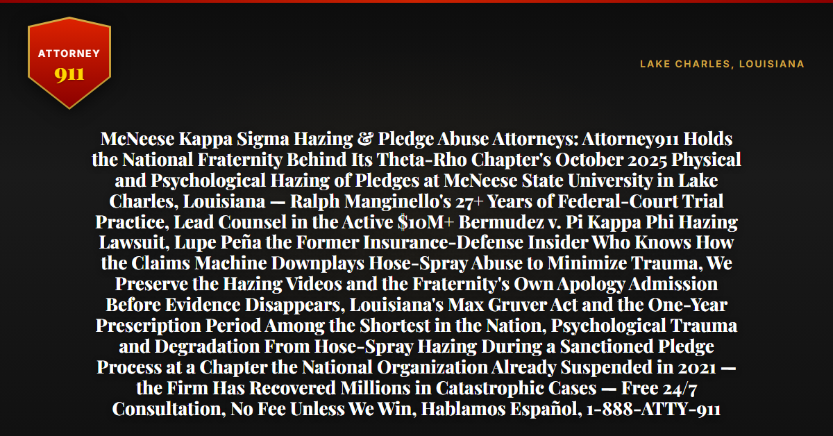 McNeese Kappa Sigma Hazing & Pledge Abuse Attorneys: Attorney911 Holds the National Fraternity Behind Its Theta-Rho Chapter's October 2025 Physical and Psychological Hazing of Pledges at McNeese State University in Lake Charles, Louisiana — Ralph Manginello's 27+ Years of Federal-Court Trial Practice, Lead Counsel in the Active $10M+ Bermudez v. Pi Kappa Phi Hazing Lawsuit, Lupe Peña the Former Insurance-Defense Insider Who Knows How the Claims Machine Downplays Hose-Spray Abuse to Minimize Trauma, We Preserve the Hazing Videos and the Fraternity's Own Apology Admission Before Evidence Disappears, Louisiana's Max Gruver Act and the One-Year Prescription Period Among the Shortest in the Nation, Psychological Trauma and Degradation From Hose-Spray Hazing During a Sanctioned Pledge Process at a Chapter the National Organization Already Suspended in 2021 — the Firm Has Recovered Millions in Catastrophic Cases — Free 24/7 Consultation, No Fee Unless We Win, Hablamos Español, 1-888-ATTY-911 - Attorney911