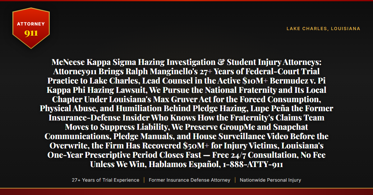 McNeese Kappa Sigma Hazing Investigation & Student Injury Attorneys: Attorney911 Brings Ralph Manginello's 27+ Years of Federal-Court Trial Practice to Lake Charles, Lead Counsel in the Active $10M+ Bermudez v. Pi Kappa Phi Hazing Lawsuit, We Pursue the National Fraternity and Its Local Chapter Under Louisiana's Max Gruver Act for the Forced Consumption, Physical Abuse, and Humiliation Behind Pledge Hazing, Lupe Peña the Former Insurance-Defense Insider Who Knows How the Fraternity's Claims Team Moves to Suppress Liability, We Preserve GroupMe and Snapchat Communications, Pledge Manuals, and House Surveillance Video Before the Overwrite, the Firm Has Recovered $50M+ for Injury Victims, Louisiana's One-Year Prescriptive Period Closes Fast — Free 24/7 Consultation, No Fee Unless We Win, Hablamos Español, 1-888-ATTY-911 - Attorney911