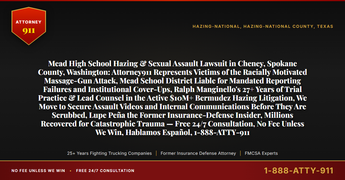Mead High School Hazing & Sexual Assault Lawsuit in Cheney, Spokane County, Washington: Attorney911 Represents Victims of the Racially Motivated Massage-Gun Attack, Mead School District Liable for Mandated Reporting Failures and Institutional Cover-Ups, Ralph Manginello's 27+ Years of Trial Practice & Lead Counsel in the Active $10M+ Bermudez Hazing Litigation, We Move to Secure Assault Videos and Internal Communications Before They Are Scrubbed, Lupe Peña the Former Insurance-Defense Insider, Millions Recovered for Catastrophic Trauma — Free 24/7 Consultation, No Fee Unless We Win, Hablamos Español, 1-888-ATTY-911 - Attorney911