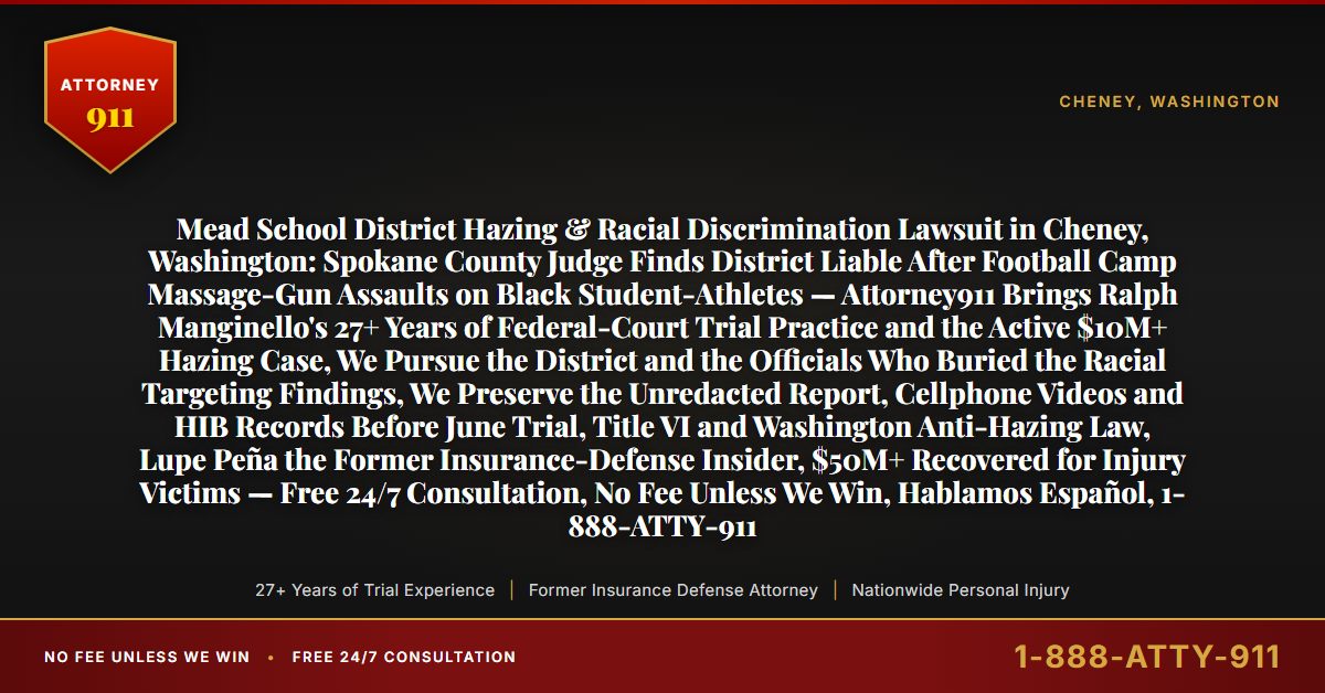 Mead School District Hazing & Racial Discrimination Lawsuit in Cheney, Washington: Spokane County Judge Finds District Liable After Football Camp Massage-Gun Assaults on Black Student-Athletes — Attorney911 Brings Ralph Manginello's 27+ Years of Federal-Court Trial Practice and the Active $10M+ Hazing Case, We Pursue the District and the Officials Who Buried the Racial Targeting Findings, We Preserve the Unredacted Report, Cellphone Videos and HIB Records Before June Trial, Title VI and Washington Anti-Hazing Law, Lupe Peña the Former Insurance-Defense Insider, $50M+ Recovered for Injury Victims — Free 24/7 Consultation, No Fee Unless We Win, Hablamos Español, 1-888-ATTY-911 - Attorney911