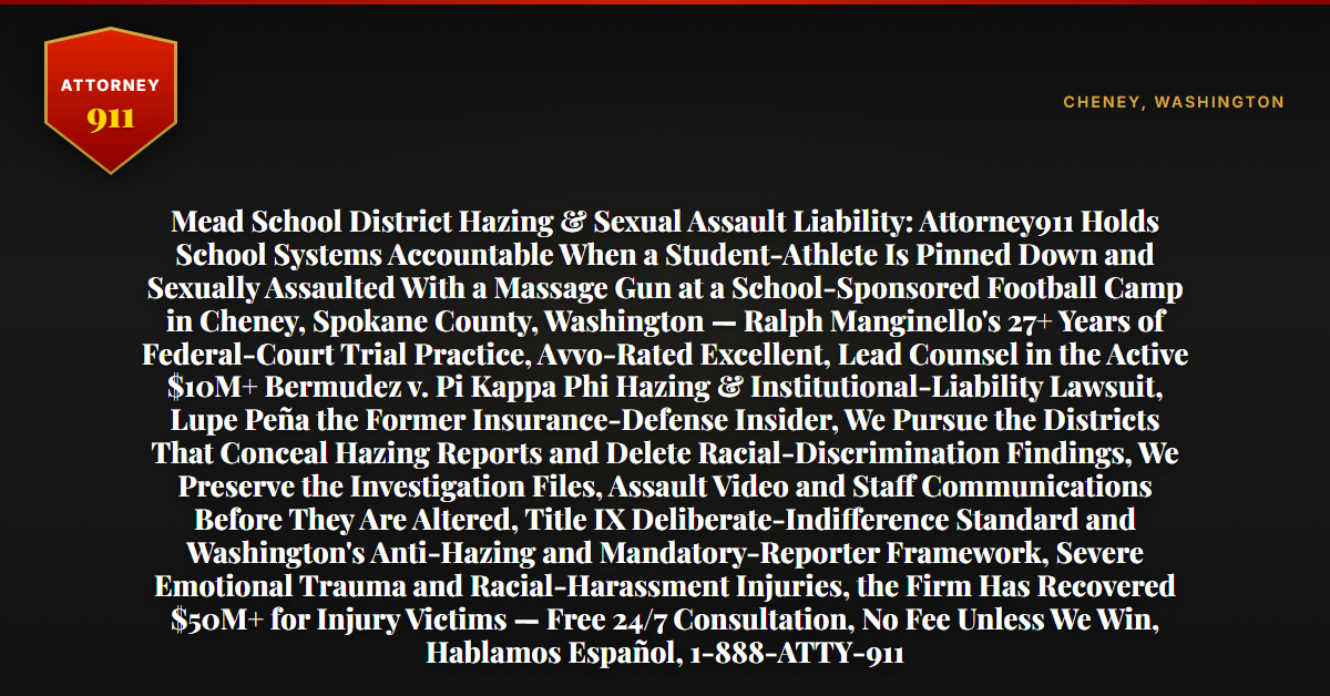 Mead School District Hazing & Sexual Assault Liability: Attorney911 Holds School Systems Accountable When a Student-Athlete Is Pinned Down and Sexually Assaulted With a Massage Gun at a School-Sponsored Football Camp in Cheney, Spokane County, Washington — Ralph Manginello's 27+ Years of Federal-Court Trial Practice, Avvo-Rated Excellent, Lead Counsel in the Active $10M+ Bermudez v. Pi Kappa Phi Hazing & Institutional-Liability Lawsuit, Lupe Peña the Former Insurance-Defense Insider, We Pursue the Districts That Conceal Hazing Reports and Delete Racial-Discrimination Findings, We Preserve the Investigation Files, Assault Video and Staff Communications Before They Are Altered, Title IX Deliberate-Indifference Standard and Washington's Anti-Hazing and Mandatory-Reporter Framework, Severe Emotional Trauma and Racial-Harassment Injuries, the Firm Has Recovered $50M+ for Injury Victims — Free 24/7 Consultation, No Fee Unless We Win, Hablamos Español, 1-888-ATTY-911 - Attorney911