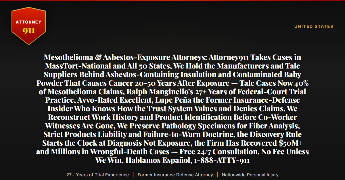 Mesothelioma & Asbestos-Exposure Attorneys: Attorney911 Takes Cases in MassTort-National and All 50 States, We Hold the Manufacturers and Talc Suppliers Behind Asbestos-Containing Insulation and Contaminated Baby Powder That Causes Cancer 20-50 Years After Exposure — Talc Cases Now 40% of Mesothelioma Claims, Ralph Manginello's 27+ Years of Federal-Court Trial Practice, Avvo-Rated Excellent, Lupe Peña the Former Insurance-Defense Insider Who Knows How the Trust System Values and Denies Claims, We Reconstruct Work History and Product Identification Before Co-Worker Witnesses Are Gone, We Preserve Pathology Specimens for Fiber Analysis, Strict Products Liability and Failure-to-Warn Doctrine, the Discovery Rule Starts the Clock at Diagnosis Not Exposure, the Firm Has Recovered $50M+ and Millions in Wrongful-Death Cases — Free 24/7 Consultation, No Fee Unless We Win, Hablamos Español, 1-888-ATTY-911 - Attorney911