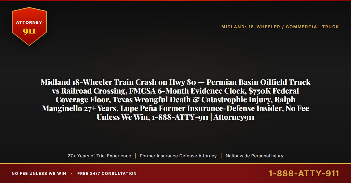 Midland 18-Wheeler Train Crash on Hwy 80 — Permian Basin Oilfield Truck vs Railroad Crossing, FMCSA 6-Month Evidence Clock, $750K Federal Coverage Floor, Texas Wrongful Death & Catastrophic Injury, Ralph Manginello 27+ Years, Lupe Peña Former Insurance-Defense Insider, No Fee Unless We Win, 1-888-ATTY-911 | Attorney911 - Attorney911