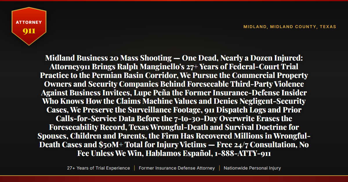 Midland Business 20 Mass Shooting — One Dead, Nearly a Dozen Injured: Attorney911 Brings Ralph Manginello's 27+ Years of Federal-Court Trial Practice to the Permian Basin Corridor, We Pursue the Commercial Property Owners and Security Companies Behind Foreseeable Third-Party Violence Against Business Invitees, Lupe Peña the Former Insurance-Defense Insider Who Knows How the Claims Machine Values and Denies Negligent-Security Cases, We Preserve the Surveillance Footage, 911 Dispatch Logs and Prior Calls-for-Service Data Before the 7-to-30-Day Overwrite Erases the Foreseeability Record, Texas Wrongful-Death and Survival Doctrine for Spouses, Children and Parents, the Firm Has Recovered Millions in Wrongful-Death Cases and $50M+ Total for Injury Victims — Free 24/7 Consultation, No Fee Unless We Win, Hablamos Español, 1-888-ATTY-911 - Attorney911