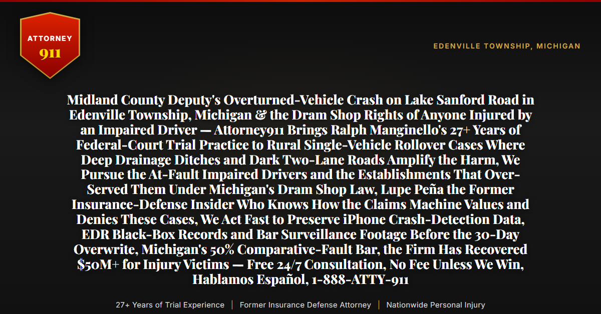 Midland County Deputy's Overturned-Vehicle Crash on Lake Sanford Road in Edenville Township, Michigan & the Dram Shop Rights of Anyone Injured by an Impaired Driver — Attorney911 Brings Ralph Manginello's 27+ Years of Federal-Court Trial Practice to Rural Single-Vehicle Rollover Cases Where Deep Drainage Ditches and Dark Two-Lane Roads Amplify the Harm, We Pursue the At-Fault Impaired Drivers and the Establishments That Over-Served Them Under Michigan's Dram Shop Law, Lupe Peña the Former Insurance-Defense Insider Who Knows How the Claims Machine Values and Denies These Cases, We Act Fast to Preserve iPhone Crash-Detection Data, EDR Black-Box Records and Bar Surveillance Footage Before the 30-Day Overwrite, Michigan's 50% Comparative-Fault Bar, the Firm Has Recovered $50M+ for Injury Victims — Free 24/7 Consultation, No Fee Unless We Win, Hablamos Español, 1-888-ATTY-911 - Attorney911