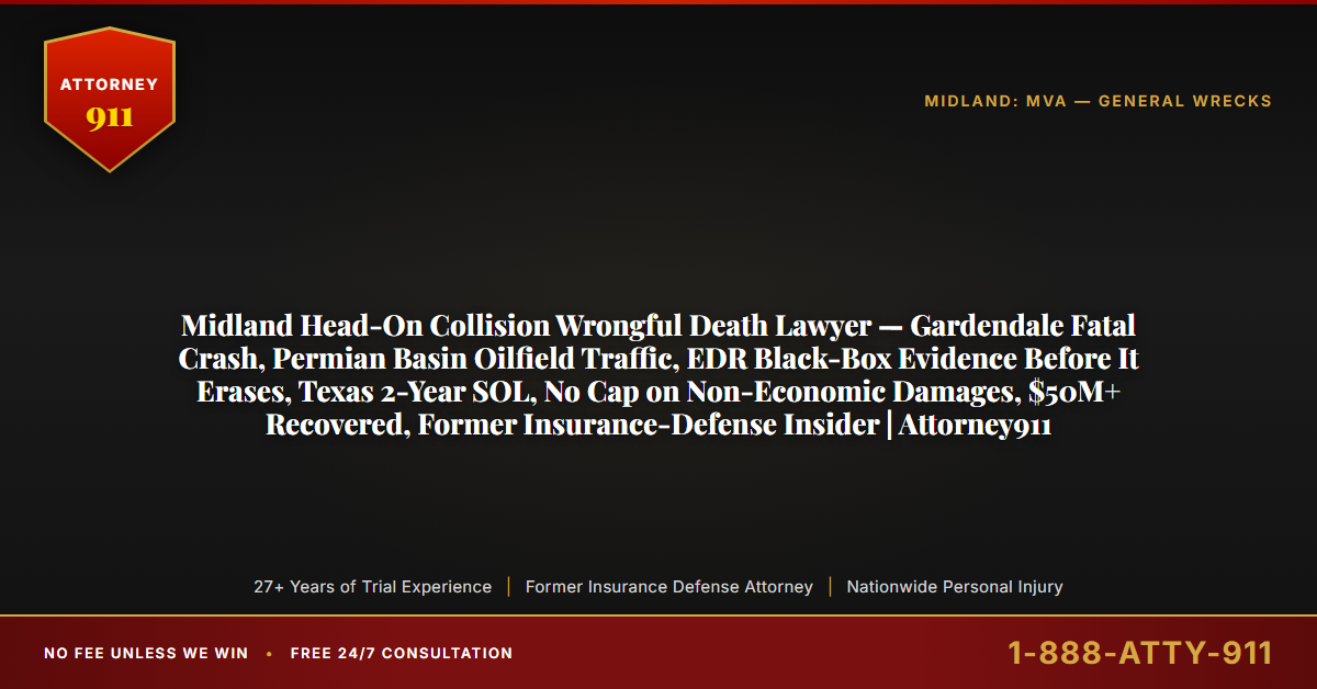 Midland Head-On Collision Wrongful Death Lawyer — Gardendale Fatal Crash, Permian Basin Oilfield Traffic, EDR Black-Box Evidence Before It Erases, Texas 2-Year SOL, No Cap on Non-Economic Damages, $50M+ Recovered, Former Insurance-Defense Insider | Attorney911 - Attorney911