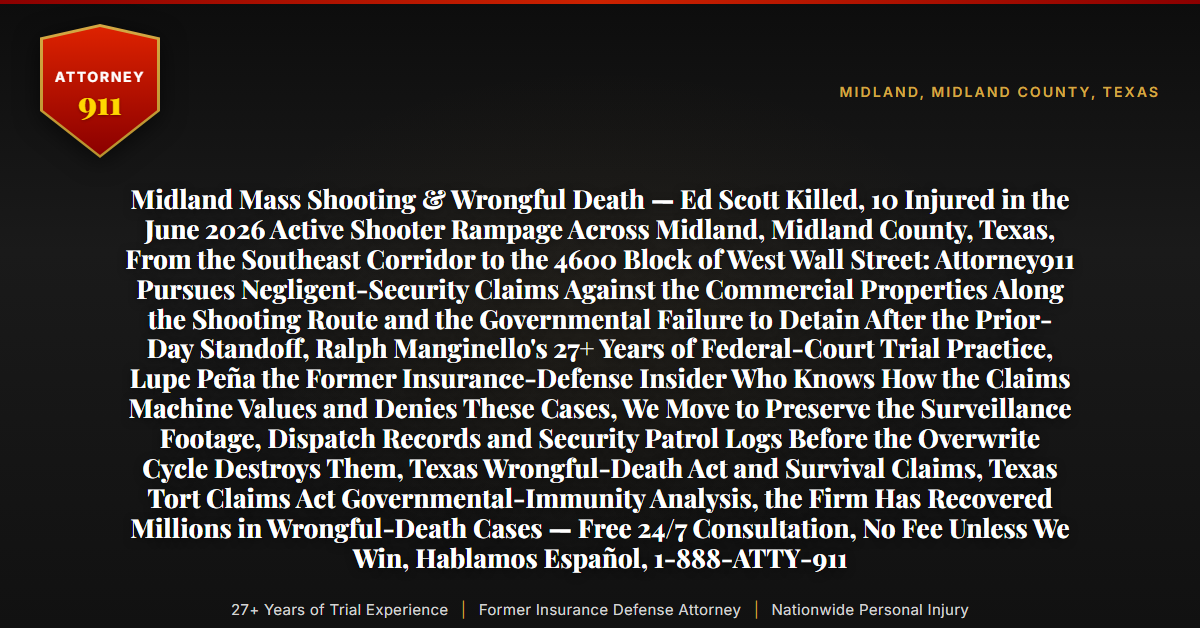 Midland Mass Shooting & Wrongful Death — Ed Scott Killed, 10 Injured in the June 2026 Active Shooter Rampage Across Midland, Midland County, Texas, From the Southeast Corridor to the 4600 Block of West Wall Street: Attorney911 Pursues Negligent-Security Claims Against the Commercial Properties Along the Shooting Route and the Governmental Failure to Detain After the Prior-Day Standoff, Ralph Manginello's 27+ Years of Federal-Court Trial Practice, Lupe Peña the Former Insurance-Defense Insider Who Knows How the Claims Machine Values and Denies These Cases, We Move to Preserve the Surveillance Footage, Dispatch Records and Security Patrol Logs Before the Overwrite Cycle Destroys Them, Texas Wrongful-Death Act and Survival Claims, Texas Tort Claims Act Governmental-Immunity Analysis, the Firm Has Recovered Millions in Wrongful-Death Cases — Free 24/7 Consultation, No Fee Unless We Win, Hablamos Español, 1-888-ATTY-911 - Attorney911