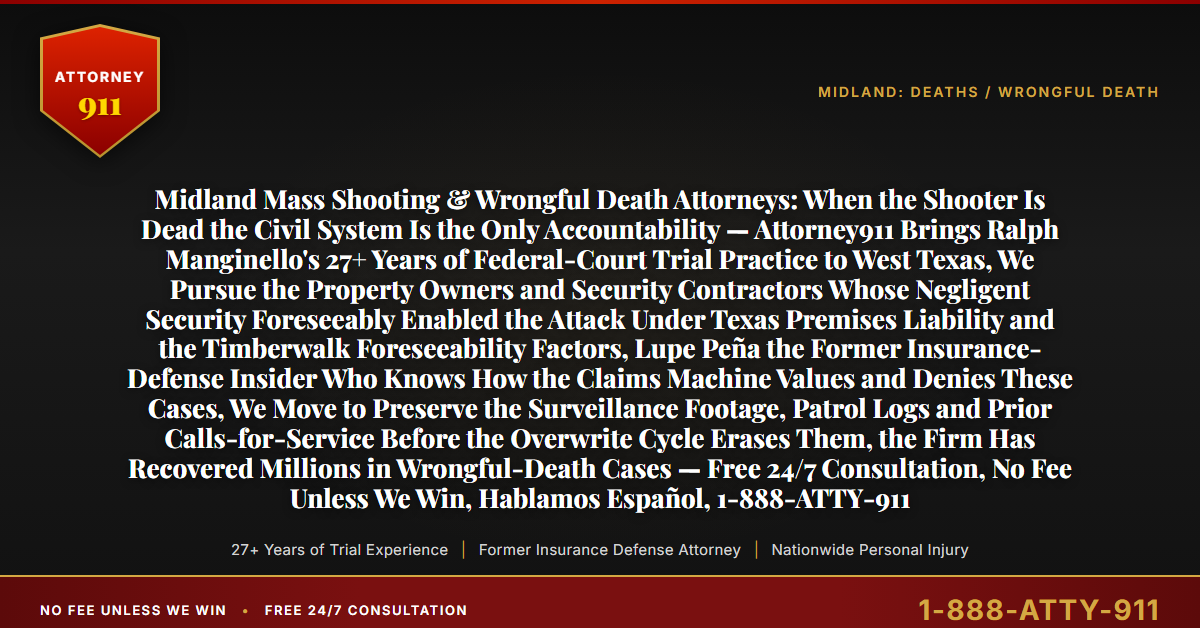 Midland Mass Shooting & Wrongful Death Attorneys: When the Shooter Is Dead the Civil System Is the Only Accountability — Attorney911 Brings Ralph Manginello's 27+ Years of Federal-Court Trial Practice to West Texas, We Pursue the Property Owners and Security Contractors Whose Negligent Security Foreseeably Enabled the Attack Under Texas Premises Liability and the Timberwalk Foreseeability Factors, Lupe Peña the Former Insurance-Defense Insider Who Knows How the Claims Machine Values and Denies These Cases, We Move to Preserve the Surveillance Footage, Patrol Logs and Prior Calls-for-Service Before the Overwrite Cycle Erases Them, the Firm Has Recovered Millions in Wrongful-Death Cases — Free 24/7 Consultation, No Fee Unless We Win, Hablamos Español, 1-888-ATTY-911 - Attorney911