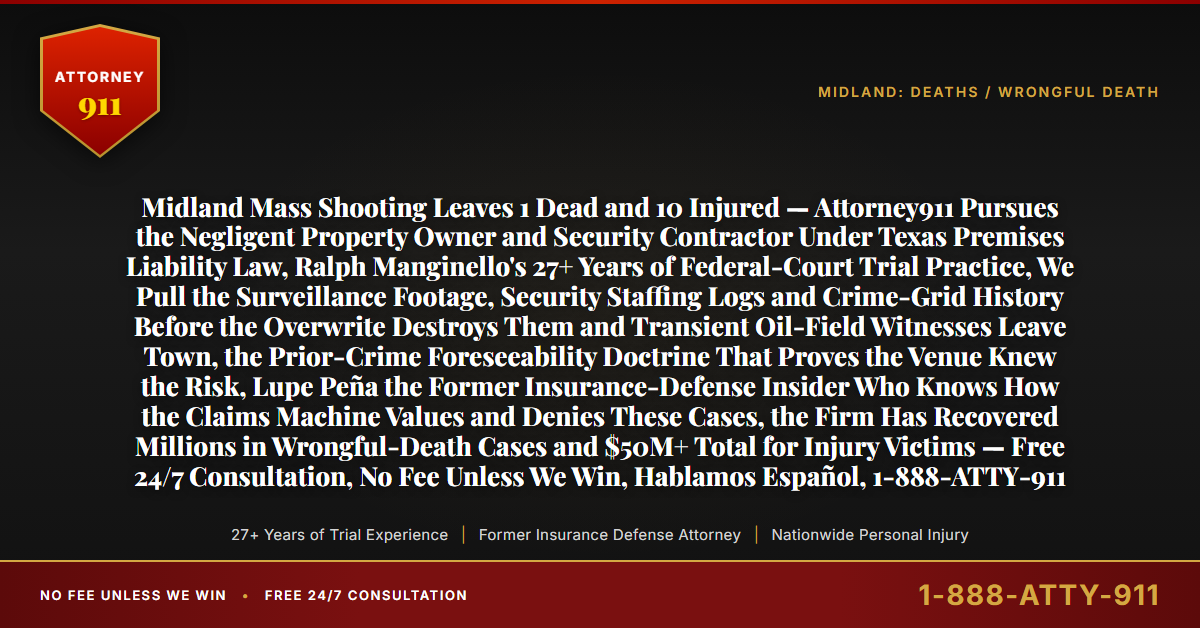 Midland Mass Shooting Leaves 1 Dead and 10 Injured — Attorney911 Pursues the Negligent Property Owner and Security Contractor Under Texas Premises Liability Law, Ralph Manginello's 27+ Years of Federal-Court Trial Practice, We Pull the Surveillance Footage, Security Staffing Logs and Crime-Grid History Before the Overwrite Destroys Them and Transient Oil-Field Witnesses Leave Town, the Prior-Crime Foreseeability Doctrine That Proves the Venue Knew the Risk, Lupe Peña the Former Insurance-Defense Insider Who Knows How the Claims Machine Values and Denies These Cases, the Firm Has Recovered Millions in Wrongful-Death Cases and $50M+ Total for Injury Victims — Free 24/7 Consultation, No Fee Unless We Win, Hablamos Español, 1-888-ATTY-911 - Attorney911