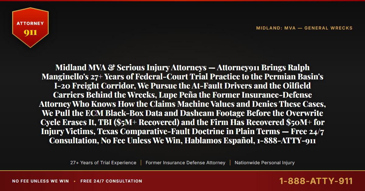 Midland MVA & Serious Injury Attorneys — Attorney911 Brings Ralph Manginello's 27+ Years of Federal-Court Trial Practice to the Permian Basin's I-20 Freight Corridor, We Pursue the At-Fault Drivers and the Oilfield Carriers Behind the Wrecks, Lupe Peña the Former Insurance-Defense Attorney Who Knows How the Claims Machine Values and Denies These Cases, We Pull the ECM Black-Box Data and Dashcam Footage Before the Overwrite Cycle Erases It, TBI ($5M+ Recovered) and the Firm Has Recovered $50M+ for Injury Victims, Texas Comparative-Fault Doctrine in Plain Terms — Free 24/7 Consultation, No Fee Unless We Win, Hablamos Español, 1-888-ATTY-911 - Attorney911
