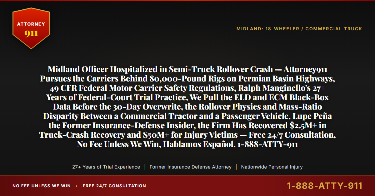 Midland Officer Hospitalized in Semi-Truck Rollover Crash — Attorney911 Pursues the Carriers Behind 80,000-Pound Rigs on Permian Basin Highways, 49 CFR Federal Motor Carrier Safety Regulations, Ralph Manginello's 27+ Years of Federal-Court Trial Practice, We Pull the ELD and ECM Black-Box Data Before the 30-Day Overwrite, the Rollover Physics and Mass-Ratio Disparity Between a Commercial Tractor and a Passenger Vehicle, Lupe Peña the Former Insurance-Defense Insider, the Firm Has Recovered $2.5M+ in Truck-Crash Recovery and $50M+ for Injury Victims — Free 24/7 Consultation, No Fee Unless We Win, Hablamos Español, 1-888-ATTY-911 - Attorney911