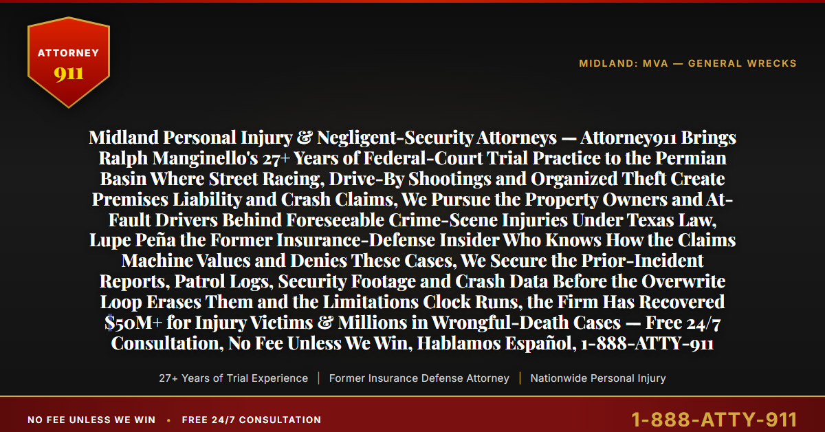 Midland Personal Injury & Negligent-Security Attorneys — Attorney911 Brings Ralph Manginello's 27+ Years of Federal-Court Trial Practice to the Permian Basin Where Street Racing, Drive-By Shootings and Organized Theft Create Premises Liability and Crash Claims, We Pursue the Property Owners and At-Fault Drivers Behind Foreseeable Crime-Scene Injuries Under Texas Law, Lupe Peña the Former Insurance-Defense Insider Who Knows How the Claims Machine Values and Denies These Cases, We Secure the Prior-Incident Reports, Patrol Logs, Security Footage and Crash Data Before the Overwrite Loop Erases Them and the Limitations Clock Runs, the Firm Has Recovered $50M+ for Injury Victims & Millions in Wrongful-Death Cases — Free 24/7 Consultation, No Fee Unless We Win, Hablamos Español, 1-888-ATTY-911 - Attorney911