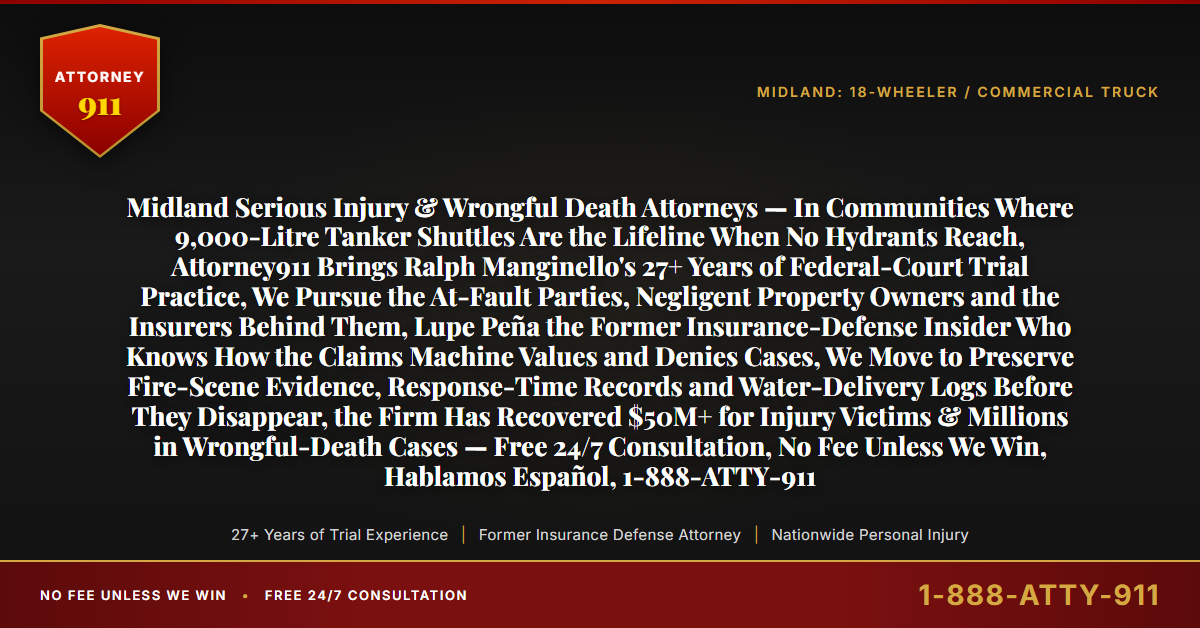 Midland Serious Injury & Wrongful Death Attorneys — In Communities Where 9,000-Litre Tanker Shuttles Are the Lifeline When No Hydrants Reach, Attorney911 Brings Ralph Manginello's 27+ Years of Federal-Court Trial Practice, We Pursue the At-Fault Parties, Negligent Property Owners and the Insurers Behind Them, Lupe Peña the Former Insurance-Defense Insider Who Knows How the Claims Machine Values and Denies Cases, We Move to Preserve Fire-Scene Evidence, Response-Time Records and Water-Delivery Logs Before They Disappear, the Firm Has Recovered $50M+ for Injury Victims & Millions in Wrongful-Death Cases — Free 24/7 Consultation, No Fee Unless We Win, Hablamos Español, 1-888-ATTY-911 - Attorney911