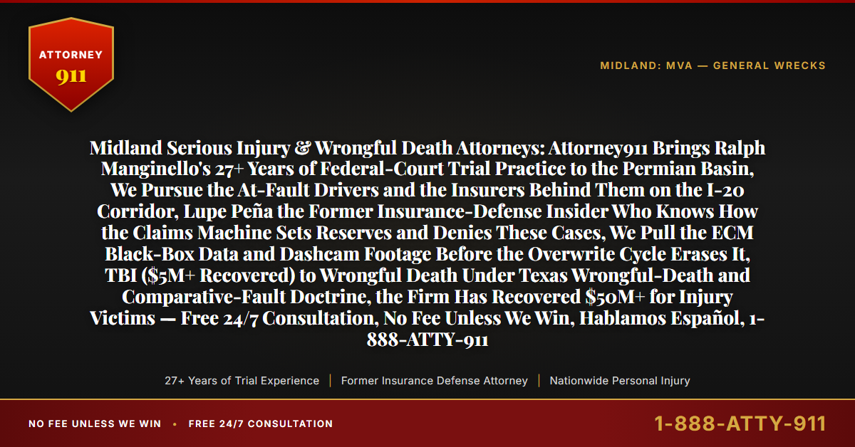 Midland Serious Injury & Wrongful Death Attorneys: Attorney911 Brings Ralph Manginello's 27+ Years of Federal-Court Trial Practice to the Permian Basin, We Pursue the At-Fault Drivers and the Insurers Behind Them on the I-20 Corridor, Lupe Peña the Former Insurance-Defense Insider Who Knows How the Claims Machine Sets Reserves and Denies These Cases, We Pull the ECM Black-Box Data and Dashcam Footage Before the Overwrite Cycle Erases It, TBI ($5M+ Recovered) to Wrongful Death Under Texas Wrongful-Death and Comparative-Fault Doctrine, the Firm Has Recovered $50M+ for Injury Victims — Free 24/7 Consultation, No Fee Unless We Win, Hablamos Español, 1-888-ATTY-911 - Attorney911