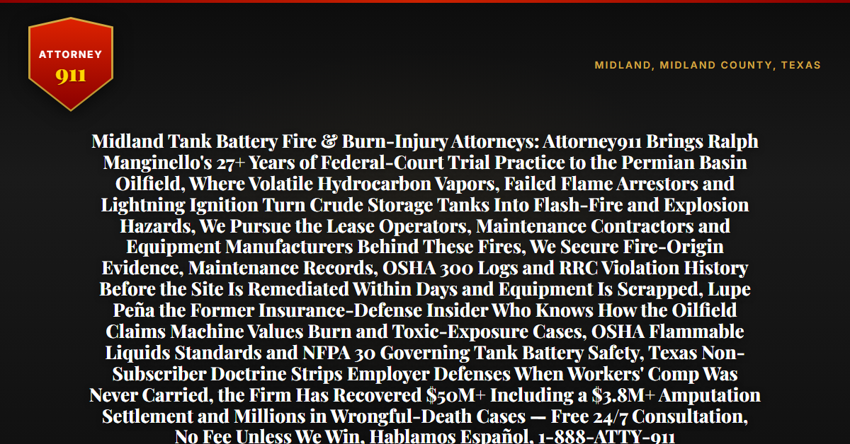 Midland Tank Battery Fire & Burn-Injury Attorneys: Attorney911 Brings Ralph Manginello's 27+ Years of Federal-Court Trial Practice to the Permian Basin Oilfield, Where Volatile Hydrocarbon Vapors, Failed Flame Arrestors and Lightning Ignition Turn Crude Storage Tanks Into Flash-Fire and Explosion Hazards, We Pursue the Lease Operators, Maintenance Contractors and Equipment Manufacturers Behind These Fires, We Secure Fire-Origin Evidence, Maintenance Records, OSHA 300 Logs and RRC Violation History Before the Site Is Remediated Within Days and Equipment Is Scrapped, Lupe Peña the Former Insurance-Defense Insider Who Knows How the Oilfield Claims Machine Values Burn and Toxic-Exposure Cases, OSHA Flammable Liquids Standards and NFPA 30 Governing Tank Battery Safety, Texas Non-Subscriber Doctrine Strips Employer Defenses When Workers' Comp Was Never Carried, the Firm Has Recovered $50M+ Including a $3.8M+ Amputation Settlement and Millions in Wrongful-Death Cases — Free 24/7 Consultation, No Fee Unless We Win, Hablamos Español, 1-888-ATTY-911 - Attorney911
