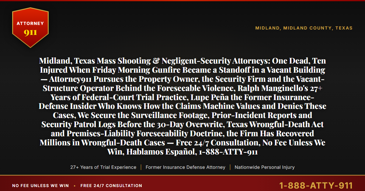 Midland, Texas Mass Shooting & Negligent-Security Attorneys: One Dead, Ten Injured When Friday Morning Gunfire Became a Standoff in a Vacant Building — Attorney911 Pursues the Property Owner, the Security Firm and the Vacant-Structure Operator Behind the Foreseeable Violence, Ralph Manginello's 27+ Years of Federal-Court Trial Practice, Lupe Peña the Former Insurance-Defense Insider Who Knows How the Claims Machine Values and Denies These Cases, We Secure the Surveillance Footage, Prior-Incident Reports and Security Patrol Logs Before the 30-Day Overwrite, Texas Wrongful-Death Act and Premises-Liability Foreseeability Doctrine, the Firm Has Recovered Millions in Wrongful-Death Cases — Free 24/7 Consultation, No Fee Unless We Win, Hablamos Español, 1-888-ATTY-911 - Attorney911