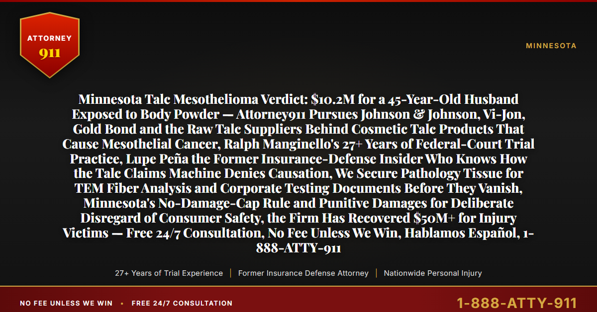 Minnesota Talc Mesothelioma Verdict: $10.2M for a 45-Year-Old Husband Exposed to Body Powder — Attorney911 Pursues Johnson & Johnson, Vi-Jon, Gold Bond and the Raw Talc Suppliers Behind Cosmetic Talc Products That Cause Mesothelial Cancer, Ralph Manginello's 27+ Years of Federal-Court Trial Practice, Lupe Peña the Former Insurance-Defense Insider Who Knows How the Talc Claims Machine Denies Causation, We Secure Pathology Tissue for TEM Fiber Analysis and Corporate Testing Documents Before They Vanish, Minnesota's No-Damage-Cap Rule and Punitive Damages for Deliberate Disregard of Consumer Safety, the Firm Has Recovered $50M+ for Injury Victims — Free 24/7 Consultation, No Fee Unless We Win, Hablamos Español, 1-888-ATTY-911 - Attorney911
