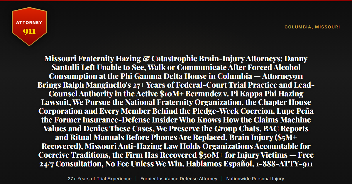 Missouri Fraternity Hazing & Catastrophic Brain-Injury Attorneys: Danny Santulli Left Unable to See, Walk or Communicate After Forced Alcohol Consumption at the Phi Gamma Delta House in Columbia — Attorney911 Brings Ralph Manginello's 27+ Years of Federal-Court Trial Practice and Lead-Counsel Authority in the Active $10M+ Bermudez v. Pi Kappa Phi Hazing Lawsuit, We Pursue the National Fraternity Organization, the Chapter House Corporation and Every Member Behind the Pledge-Week Coercion, Lupe Peña the Former Insurance-Defense Insider Who Knows How the Claims Machine Values and Denies These Cases, We Preserve the Group Chats, BAC Reports and Ritual Manuals Before Phones Are Replaced, Brain Injury ($5M+ Recovered), Missouri Anti-Hazing Law Holds Organizations Accountable for Coercive Traditions, the Firm Has Recovered $50M+ for Injury Victims — Free 24/7 Consultation, No Fee Unless We Win, Hablamos Español, 1-888-ATTY-911 - Attorney911