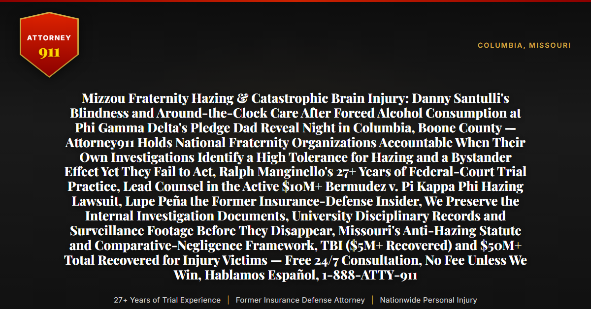 Mizzou Fraternity Hazing & Catastrophic Brain Injury: Danny Santulli's Blindness and Around-the-Clock Care After Forced Alcohol Consumption at Phi Gamma Delta's Pledge Dad Reveal Night in Columbia, Boone County — Attorney911 Holds National Fraternity Organizations Accountable When Their Own Investigations Identify a High Tolerance for Hazing and a Bystander Effect Yet They Fail to Act, Ralph Manginello's 27+ Years of Federal-Court Trial Practice, Lead Counsel in the Active $10M+ Bermudez v. Pi Kappa Phi Hazing Lawsuit, Lupe Peña the Former Insurance-Defense Insider, We Preserve the Internal Investigation Documents, University Disciplinary Records and Surveillance Footage Before They Disappear, Missouri's Anti-Hazing Statute and Comparative-Negligence Framework, TBI ($5M+ Recovered) and $50M+ Total Recovered for Injury Victims — Free 24/7 Consultation, No Fee Unless We Win, Hablamos Español, 1-888-ATTY-911 - Attorney911