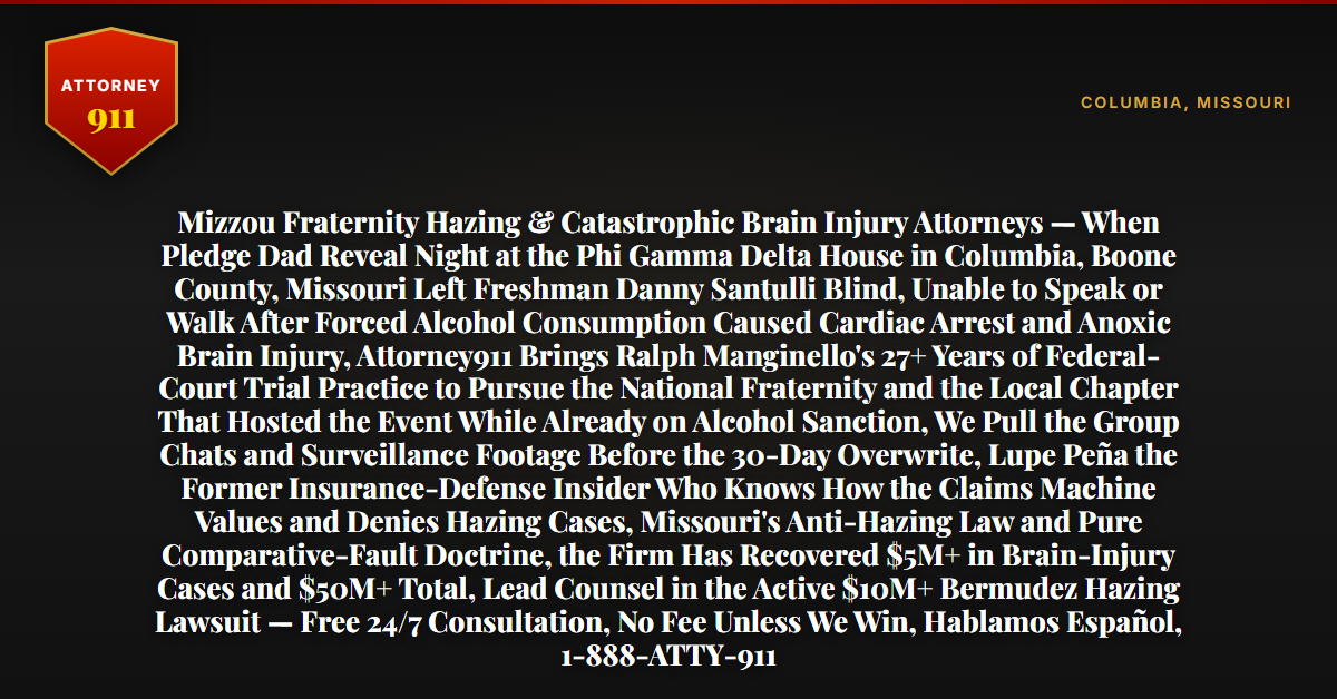 Mizzou Fraternity Hazing & Catastrophic Brain Injury Attorneys — When Pledge Dad Reveal Night at the Phi Gamma Delta House in Columbia, Boone County, Missouri Left Freshman Danny Santulli Blind, Unable to Speak or Walk After Forced Alcohol Consumption Caused Cardiac Arrest and Anoxic Brain Injury, Attorney911 Brings Ralph Manginello's 27+ Years of Federal-Court Trial Practice to Pursue the National Fraternity and the Local Chapter That Hosted the Event While Already on Alcohol Sanction, We Pull the Group Chats and Surveillance Footage Before the 30-Day Overwrite, Lupe Peña the Former Insurance-Defense Insider Who Knows How the Claims Machine Values and Denies Hazing Cases, Missouri's Anti-Hazing Law and Pure Comparative-Fault Doctrine, the Firm Has Recovered $5M+ in Brain-Injury Cases and $50M+ Total, Lead Counsel in the Active $10M+ Bermudez Hazing Lawsuit — Free 24/7 Consultation, No Fee Unless We Win, Hablamos Español, 1-888-ATTY-911 - Attorney911