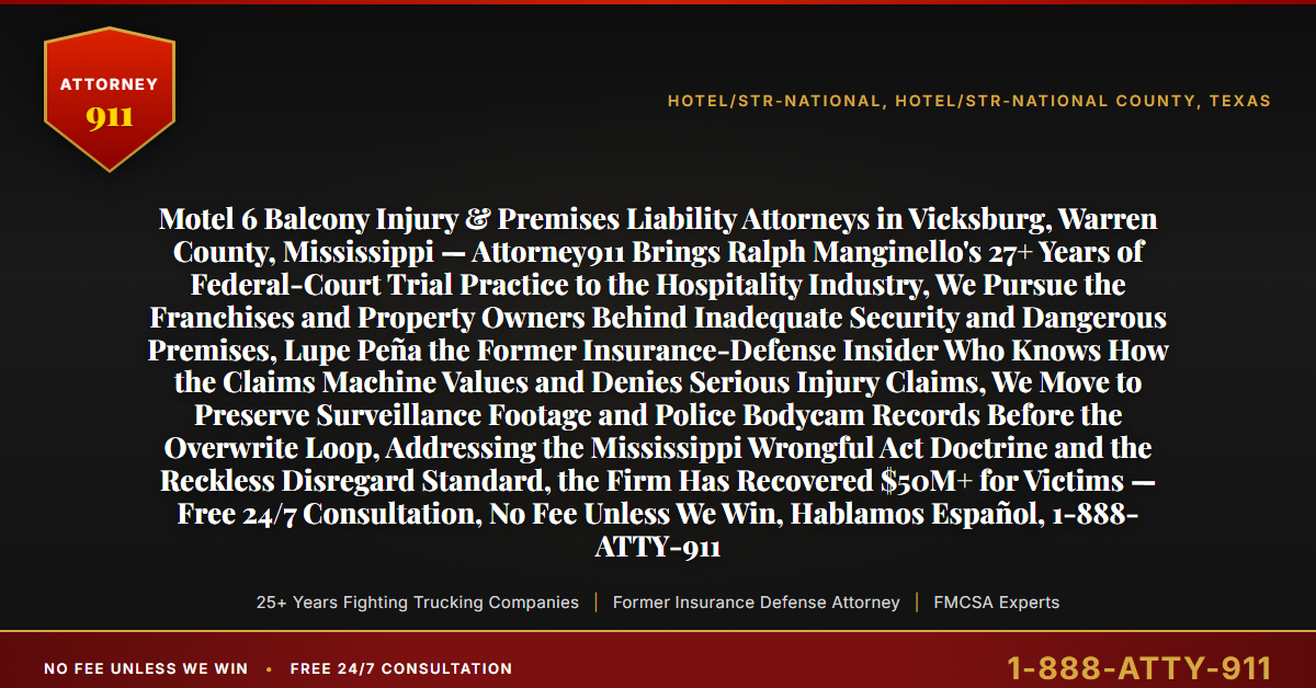 Motel 6 Balcony Injury & Premises Liability Attorneys in Vicksburg, Warren County, Mississippi — Attorney911 Brings Ralph Manginello's 27+ Years of Federal-Court Trial Practice to the Hospitality Industry, We Pursue the Franchises and Property Owners Behind Inadequate Security and Dangerous Premises, Lupe Peña the Former Insurance-Defense Insider Who Knows How the Claims Machine Values and Denies Serious Injury Claims, We Move to Preserve Surveillance Footage and Police Bodycam Records Before the Overwrite Loop, Addressing the Mississippi Wrongful Act Doctrine and the Reckless Disregard Standard, the Firm Has Recovered $50M+ for Victims — Free 24/7 Consultation, No Fee Unless We Win, Hablamos Español, 1-888-ATTY-911 - Attorney911