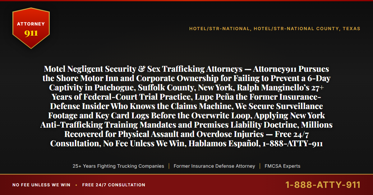 Motel Negligent Security & Sex Trafficking Attorneys — Attorney911 Pursues the Shore Motor Inn and Corporate Ownership for Failing to Prevent a 6-Day Captivity in Patchogue, Suffolk County, New York, Ralph Manginello’s 27+ Years of Federal-Court Trial Practice, Lupe Peña the Former Insurance-Defense Insider Who Knows the Claims Machine, We Secure Surveillance Footage and Key Card Logs Before the Overwrite Loop, Applying New York Anti-Trafficking Training Mandates and Premises Liability Doctrine, Millions Recovered for Physical Assault and Overdose Injuries — Free 24/7 Consultation, No Fee Unless We Win, Hablamos Español, 1-888-ATTY-911 - Attorney911