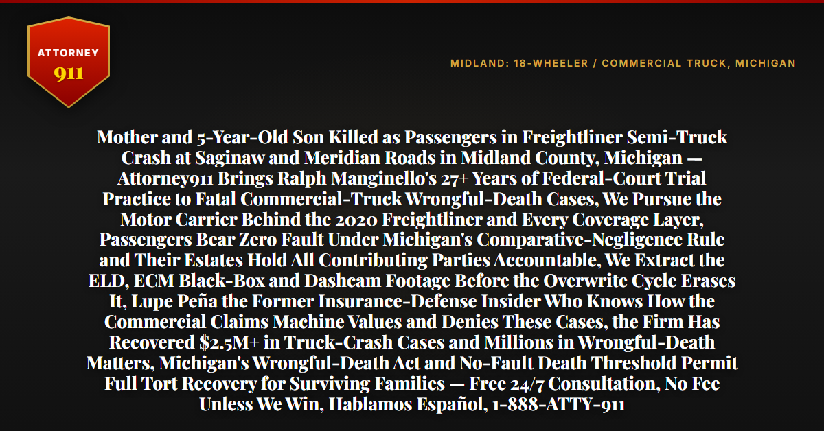 Mother and 5-Year-Old Son Killed as Passengers in Freightliner Semi-Truck Crash at Saginaw and Meridian Roads in Midland County, Michigan — Attorney911 Brings Ralph Manginello's 27+ Years of Federal-Court Trial Practice to Fatal Commercial-Truck Wrongful-Death Cases, We Pursue the Motor Carrier Behind the 2020 Freightliner and Every Coverage Layer, Passengers Bear Zero Fault Under Michigan's Comparative-Negligence Rule and Their Estates Hold All Contributing Parties Accountable, We Extract the ELD, ECM Black-Box and Dashcam Footage Before the Overwrite Cycle Erases It, Lupe Peña the Former Insurance-Defense Insider Who Knows How the Commercial Claims Machine Values and Denies These Cases, the Firm Has Recovered $2.5M+ in Truck-Crash Cases and Millions in Wrongful-Death Matters, Michigan's Wrongful-Death Act and No-Fault Death Threshold Permit Full Tort Recovery for Surviving Families — Free 24/7 Consultation, No Fee Unless We Win, Hablamos Español, 1-888-ATTY-911 - Attorney911