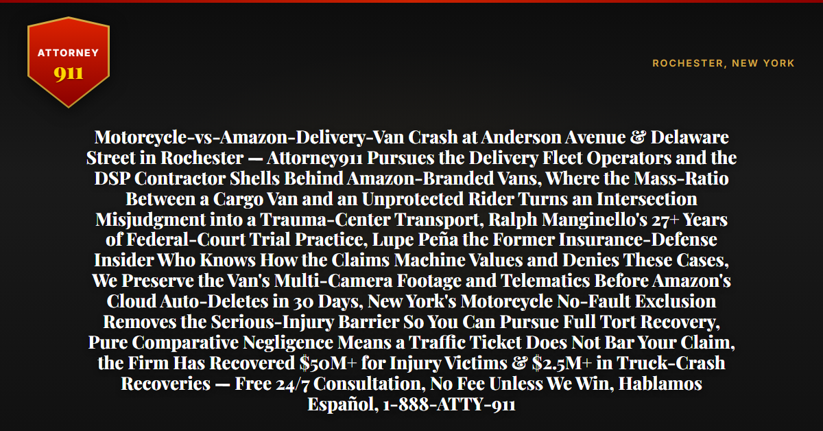 Motorcycle-vs-Amazon-Delivery-Van Crash at Anderson Avenue & Delaware Street in Rochester — Attorney911 Pursues the Delivery Fleet Operators and the DSP Contractor Shells Behind Amazon-Branded Vans, Where the Mass-Ratio Between a Cargo Van and an Unprotected Rider Turns an Intersection Misjudgment into a Trauma-Center Transport, Ralph Manginello's 27+ Years of Federal-Court Trial Practice, Lupe Peña the Former Insurance-Defense Insider Who Knows How the Claims Machine Values and Denies These Cases, We Preserve the Van's Multi-Camera Footage and Telematics Before Amazon's Cloud Auto-Deletes in 30 Days, New York's Motorcycle No-Fault Exclusion Removes the Serious-Injury Barrier So You Can Pursue Full Tort Recovery, Pure Comparative Negligence Means a Traffic Ticket Does Not Bar Your Claim, the Firm Has Recovered $50M+ for Injury Victims & $2.5M+ in Truck-Crash Recoveries — Free 24/7 Consultation, No Fee Unless We Win, Hablamos Español, 1-888-ATTY-911 - Attorney911
