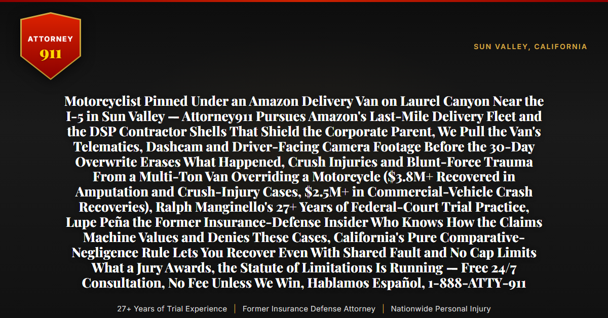 Motorcyclist Pinned Under an Amazon Delivery Van on Laurel Canyon Near the I-5 in Sun Valley — Attorney911 Pursues Amazon's Last-Mile Delivery Fleet and the DSP Contractor Shells That Shield the Corporate Parent, We Pull the Van's Telematics, Dashcam and Driver-Facing Camera Footage Before the 30-Day Overwrite Erases What Happened, Crush Injuries and Blunt-Force Trauma From a Multi-Ton Van Overriding a Motorcycle ($3.8M+ Recovered in Amputation and Crush-Injury Cases, $2.5M+ in Commercial-Vehicle Crash Recoveries), Ralph Manginello's 27+ Years of Federal-Court Trial Practice, Lupe Peña the Former Insurance-Defense Insider Who Knows How the Claims Machine Values and Denies These Cases, California's Pure Comparative-Negligence Rule Lets You Recover Even With Shared Fault and No Cap Limits What a Jury Awards, the Statute of Limitations Is Running — Free 24/7 Consultation, No Fee Unless We Win, Hablamos Español, 1-888-ATTY-911 - Attorney911