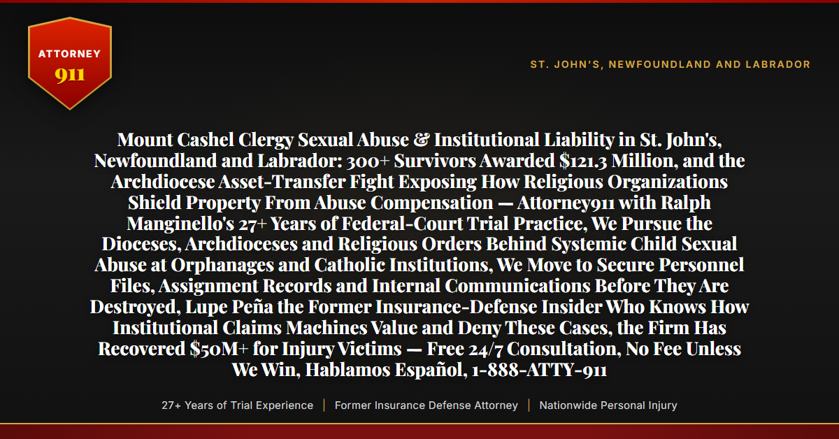 Mount Cashel Clergy Sexual Abuse & Institutional Liability in St. John's, Newfoundland and Labrador: 300+ Survivors Awarded $121.3 Million, and the Archdiocese Asset-Transfer Fight Exposing How Religious Organizations Shield Property From Abuse Compensation — Attorney911 with Ralph Manginello's 27+ Years of Federal-Court Trial Practice, We Pursue the Dioceses, Archdioceses and Religious Orders Behind Systemic Child Sexual Abuse at Orphanages and Catholic Institutions, We Move to Secure Personnel Files, Assignment Records and Internal Communications Before They Are Destroyed, Lupe Peña the Former Insurance-Defense Insider Who Knows How Institutional Claims Machines Value and Deny These Cases, the Firm Has Recovered $50M+ for Injury Victims — Free 24/7 Consultation, No Fee Unless We Win, Hablamos Español, 1-888-ATTY-911 - Attorney911