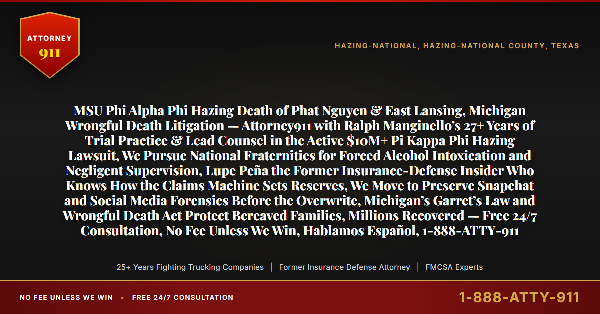 MSU Phi Alpha Phi Hazing Death of Phat Nguyen & East Lansing, Michigan Wrongful Death Litigation — Attorney911 with Ralph Manginello’s 27+ Years of Trial Practice & Lead Counsel in the Active $10M+ Pi Kappa Phi Hazing Lawsuit, We Pursue National Fraternities for Forced Alcohol Intoxication and Negligent Supervision, Lupe Peña the Former Insurance-Defense Insider Who Knows How the Claims Machine Sets Reserves, We Move to Preserve Snapchat and Social Media Forensics Before the Overwrite, Michigan’s Garret’s Law and Wrongful Death Act Protect Bereaved Families, Millions Recovered — Free 24/7 Consultation, No Fee Unless We Win, Hablamos Español, 1-888-ATTY-911 - Attorney911