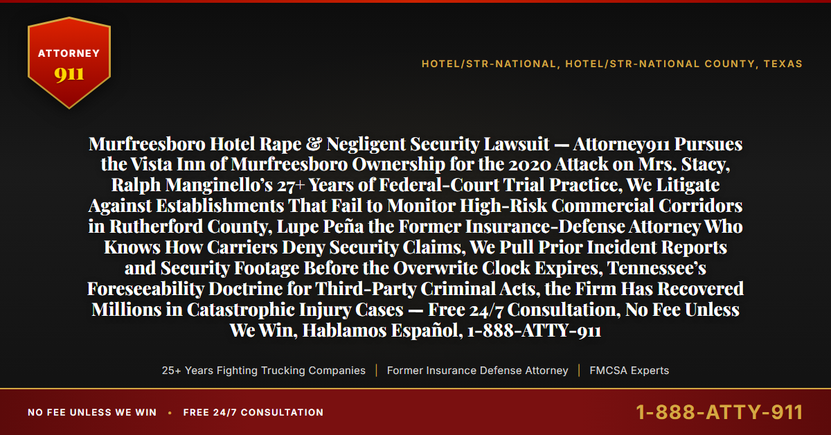 Murfreesboro Hotel Rape & Negligent Security Lawsuit — Attorney911 Pursues the Vista Inn of Murfreesboro Ownership for the 2020 Attack on Mrs. Stacy, Ralph Manginello’s 27+ Years of Federal-Court Trial Practice, We Litigate Against Establishments That Fail to Monitor High-Risk Commercial Corridors in Rutherford County, Lupe Peña the Former Insurance-Defense Attorney Who Knows How Carriers Deny Security Claims, We Pull Prior Incident Reports and Security Footage Before the Overwrite Clock Expires, Tennessee’s Foreseeability Doctrine for Third-Party Criminal Acts, the Firm Has Recovered Millions in Catastrophic Injury Cases — Free 24/7 Consultation, No Fee Unless We Win, Hablamos Español, 1-888-ATTY-911 - Attorney911