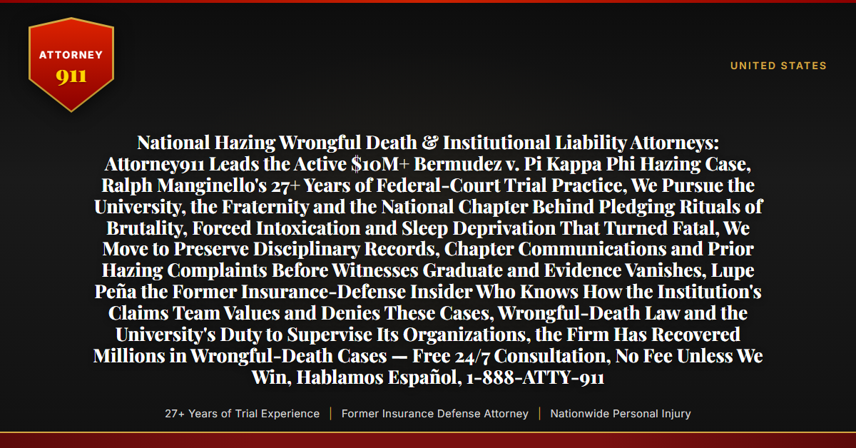 National Hazing Wrongful Death & Institutional Liability Attorneys: Attorney911 Leads the Active $10M+ Bermudez v. Pi Kappa Phi Hazing Case, Ralph Manginello's 27+ Years of Federal-Court Trial Practice, We Pursue the University, the Fraternity and the National Chapter Behind Pledging Rituals of Brutality, Forced Intoxication and Sleep Deprivation That Turned Fatal, We Move to Preserve Disciplinary Records, Chapter Communications and Prior Hazing Complaints Before Witnesses Graduate and Evidence Vanishes, Lupe Peña the Former Insurance-Defense Insider Who Knows How the Institution's Claims Team Values and Denies These Cases, Wrongful-Death Law and the University's Duty to Supervise Its Organizations, the Firm Has Recovered Millions in Wrongful-Death Cases — Free 24/7 Consultation, No Fee Unless We Win, Hablamos Español, 1-888-ATTY-911 - Attorney911
