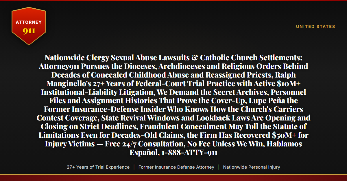 Nationwide Clergy Sexual Abuse Lawsuits & Catholic Church Settlements: Attorney911 Pursues the Dioceses, Archdioceses and Religious Orders Behind Decades of Concealed Childhood Abuse and Reassigned Priests, Ralph Manginello's 27+ Years of Federal-Court Trial Practice with Active $10M+ Institutional-Liability Litigation, We Demand the Secret Archives, Personnel Files and Assignment Histories That Prove the Cover-Up, Lupe Peña the Former Insurance-Defense Insider Who Knows How the Church's Carriers Contest Coverage, State Revival Windows and Lookback Laws Are Opening and Closing on Strict Deadlines, Fraudulent Concealment May Toll the Statute of Limitations Even for Decades-Old Claims, the Firm Has Recovered $50M+ for Injury Victims — Free 24/7 Consultation, No Fee Unless We Win, Hablamos Español, 1-888-ATTY-911 - Attorney911
