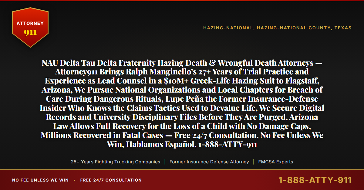 NAU Delta Tau Delta Fraternity Hazing Death & Wrongful Death Attorneys — Attorney911 Brings Ralph Manginello’s 27+ Years of Trial Practice and Experience as Lead Counsel in a $10M+ Greek-Life Hazing Suit to Flagstaff, Arizona, We Pursue National Organizations and Local Chapters for Breach of Care During Dangerous Rituals, Lupe Peña the Former Insurance-Defense Insider Who Knows the Claims Tactics Used to Devalue Life, We Secure Digital Records and University Disciplinary Files Before They Are Purged, Arizona Law Allows Full Recovery for the Loss of a Child with No Damage Caps, Millions Recovered in Fatal Cases — Free 24/7 Consultation, No Fee Unless We Win, Hablamos Español, 1-888-ATTY-911 - Attorney911