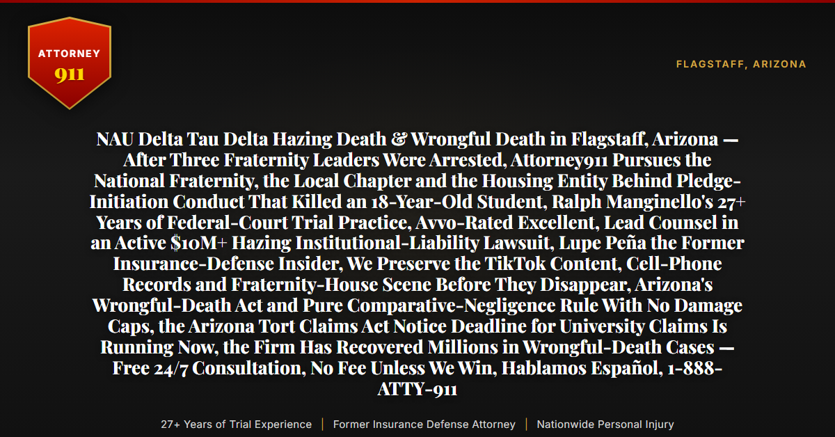 NAU Delta Tau Delta Hazing Death & Wrongful Death in Flagstaff, Arizona — After Three Fraternity Leaders Were Arrested, Attorney911 Pursues the National Fraternity, the Local Chapter and the Housing Entity Behind Pledge-Initiation Conduct That Killed an 18-Year-Old Student, Ralph Manginello's 27+ Years of Federal-Court Trial Practice, Avvo-Rated Excellent, Lead Counsel in an Active $10M+ Hazing Institutional-Liability Lawsuit, Lupe Peña the Former Insurance-Defense Insider, We Preserve the TikTok Content, Cell-Phone Records and Fraternity-House Scene Before They Disappear, Arizona's Wrongful-Death Act and Pure Comparative-Negligence Rule With No Damage Caps, the Arizona Tort Claims Act Notice Deadline for University Claims Is Running Now, the Firm Has Recovered Millions in Wrongful-Death Cases — Free 24/7 Consultation, No Fee Unless We Win, Hablamos Español, 1-888-ATTY-911 - Attorney911