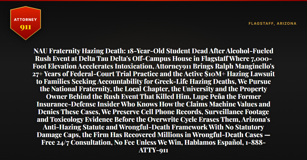 NAU Fraternity Hazing Death: 18-Year-Old Student Dead After Alcohol-Fueled Rush Event at Delta Tau Delta's Off-Campus House in Flagstaff Where 7,000-Foot Elevation Accelerates Intoxication, Attorney911 Brings Ralph Manginello's 27+ Years of Federal-Court Trial Practice and the Active $10M+ Hazing Lawsuit to Families Seeking Accountability for Greek-Life Hazing Deaths, We Pursue the National Fraternity, the Local Chapter, the University and the Property Owner Behind the Rush Event That Killed Him, Lupe Peña the Former Insurance-Defense Insider Who Knows How the Claims Machine Values and Denies These Cases, We Preserve Cell Phone Records, Surveillance Footage and Toxicology Evidence Before the Overwrite Cycle Erases Them, Arizona's Anti-Hazing Statute and Wrongful-Death Framework With No Statutory Damage Caps, the Firm Has Recovered Millions in Wrongful-Death Cases — Free 24/7 Consultation, No Fee Unless We Win, Hablamos Español, 1-888-ATTY-911 - Attorney911