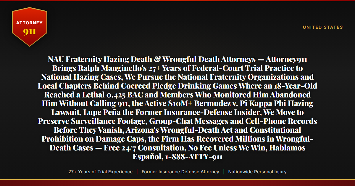NAU Fraternity Hazing Death & Wrongful Death Attorneys — Attorney911 Brings Ralph Manginello's 27+ Years of Federal-Court Trial Practice to National Hazing Cases, We Pursue the National Fraternity Organizations and Local Chapters Behind Coerced Pledge Drinking Games Where an 18-Year-Old Reached a Lethal 0.425 BAC and Members Who Monitored Him Abandoned Him Without Calling 911, the Active $10M+ Bermudez v. Pi Kappa Phi Hazing Lawsuit, Lupe Peña the Former Insurance-Defense Insider, We Move to Preserve Surveillance Footage, Group-Chat Messages and Cell-Phone Records Before They Vanish, Arizona's Wrongful-Death Act and Constitutional Prohibition on Damage Caps, the Firm Has Recovered Millions in Wrongful-Death Cases — Free 24/7 Consultation, No Fee Unless We Win, Hablamos Español, 1-888-ATTY-911 - Attorney911