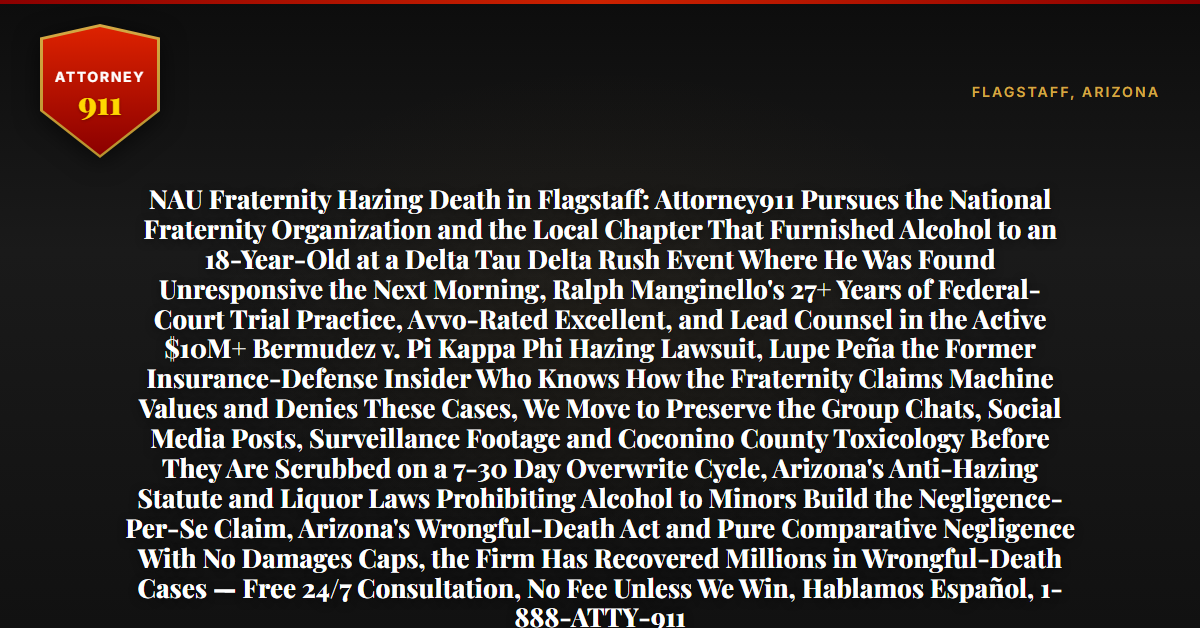 NAU Fraternity Hazing Death in Flagstaff: Attorney911 Pursues the National Fraternity Organization and the Local Chapter That Furnished Alcohol to an 18-Year-Old at a Delta Tau Delta Rush Event Where He Was Found Unresponsive the Next Morning, Ralph Manginello's 27+ Years of Federal-Court Trial Practice, Avvo-Rated Excellent, and Lead Counsel in the Active $10M+ Bermudez v. Pi Kappa Phi Hazing Lawsuit, Lupe Peña the Former Insurance-Defense Insider Who Knows How the Fraternity Claims Machine Values and Denies These Cases, We Move to Preserve the Group Chats, Social Media Posts, Surveillance Footage and Coconino County Toxicology Before They Are Scrubbed on a 7-30 Day Overwrite Cycle, Arizona's Anti-Hazing Statute and Liquor Laws Prohibiting Alcohol to Minors Build the Negligence-Per-Se Claim, Arizona's Wrongful-Death Act and Pure Comparative Negligence With No Damages Caps, the Firm Has Recovered Millions in Wrongful-Death Cases — Free 24/7 Consultation, No Fee Unless We Win, Hablamos Español, 1-888-ATTY-911 - Attorney911