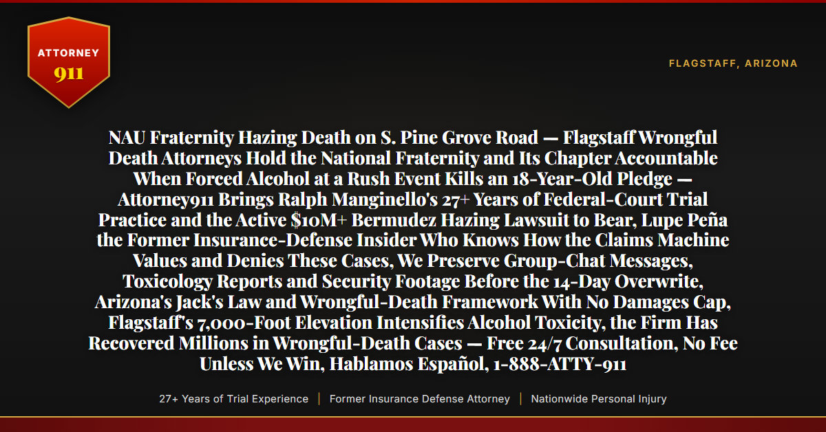 NAU Fraternity Hazing Death on S. Pine Grove Road — Flagstaff Wrongful Death Attorneys Hold the National Fraternity and Its Chapter Accountable When Forced Alcohol at a Rush Event Kills an 18-Year-Old Pledge — Attorney911 Brings Ralph Manginello's 27+ Years of Federal-Court Trial Practice and the Active $10M+ Bermudez Hazing Lawsuit to Bear, Lupe Peña the Former Insurance-Defense Insider Who Knows How the Claims Machine Values and Denies These Cases, We Preserve Group-Chat Messages, Toxicology Reports and Security Footage Before the 14-Day Overwrite, Arizona's Jack's Law and Wrongful-Death Framework With No Damages Cap, Flagstaff's 7,000-Foot Elevation Intensifies Alcohol Toxicity, the Firm Has Recovered Millions in Wrongful-Death Cases — Free 24/7 Consultation, No Fee Unless We Win, Hablamos Español, 1-888-ATTY-911 - Attorney911
